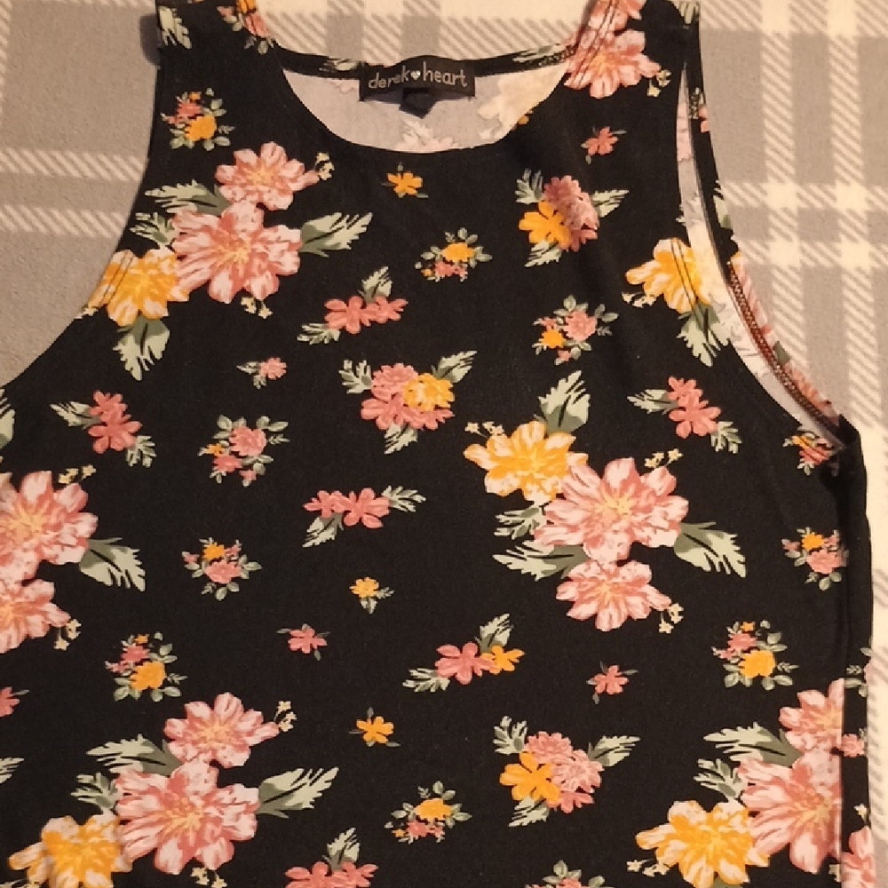 Derek Heart Black Tank Top with Pink and Yellow Floral Design